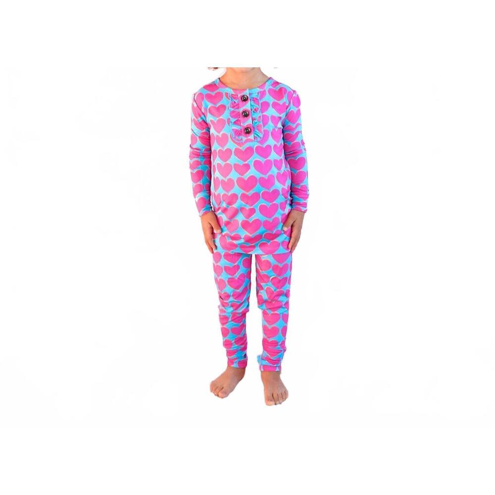NEW GIGI AND MAX cora ruffle two piece bamboo lounge set in pink multi